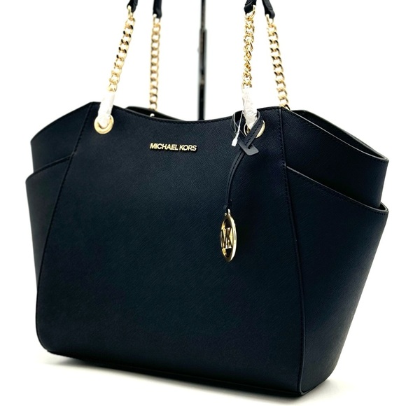 Michael Kors Jet Set Travel Large Chain Shoulder Tote Bag Black/Gold - Picture 2 of 12